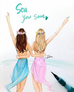 two girls with their arms in the air and one holding her hand up to say, sea you son