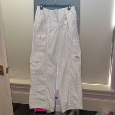 Brand New Size Medium Low Rise Cyber Cargo White Pants Y2k Style White Straight Leg Pants, White High Waist Y2k Pants, White Cotton Y2k Style Pants, Y2k High Waist White Pants, White High-waist Y2k Pants, Y2k Style High Waist White Pants, White Y2k Pants With Pockets, Y2k White Pants With Pockets, White Baggy Mid-rise Pants