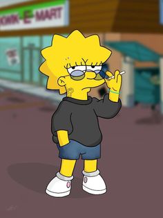 the simpsons character is standing in front of a store and talking on his cell phone