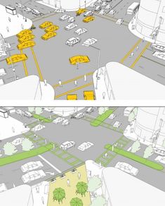 two views of an intersection with cars and trees