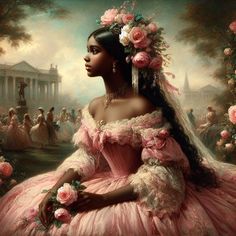 a painting of a woman in a pink dress with flowers on her head and hands behind her back