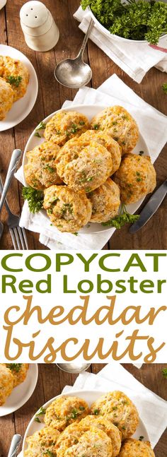 the recipe for red lobster cheddar biscuits is shown in three different pictures, including broccoli and parsley