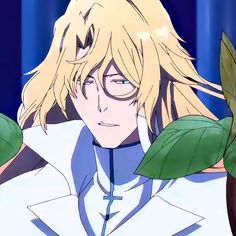 an anime character with blonde hair wearing glasses and a white shirt is staring at the camera