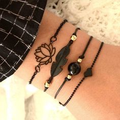 Bracelet Set Black 4 PC Women New Bracelets #Unbranded #Charm Wrist Chain, Geometric Stone, Lotus Bracelet, Bracelets Boho, Boho Bangle, Charm Bangles, Feather Bracelet, Bangle Bracelet Set, Bracelets Set