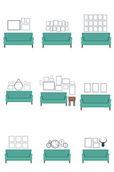 the different types of couches and tables are shown in this graphic style, including one with