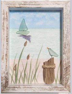 a painting of a bird sitting on top of a piece of driftwood next to the ocean