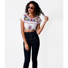 Vintage Style White Mexican Embroidered Crop Top ($28) ❤ liked on Polyvore featuring tops, white, white crop top, white embroidered top, embroidered top, cap sleeve crop top and colorful tops Mexican Clothing Style, Hispanic Clothing, Vintage Outfits Skirts, 70’s Outfit, White Mexican, Mexican Outfit, Embroidered Clothes