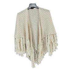 Saachi Beige Crocheted Shawl Wrap Long Fringe Scarf Kimono Boho Gypsy Folksy Vintage Look Beachy Summer Casual Scarf Kimono, Crocheted Shawl, Kimono Boho, Beachy Summer, Long Fringe, Long Fringes, Boho Kimono, Fringe Scarf, Shawl Wrap