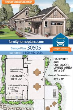 two car garage plans are shown in the front and back of this house, with an attached