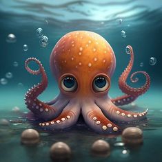 an octopus is floating in the water with bubbles around it's head and eyes