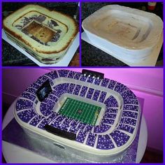 there are pictures of different types of food on this table and in the middle one is a football stadium cake