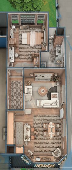 an overhead view of a two bedroom house with living room, dining area and kitchen