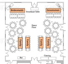 the floor plan for an event venue with seating areas and tables in orange, white and black