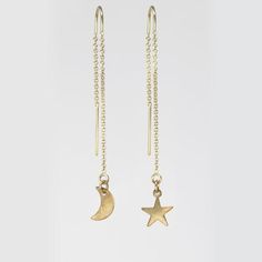 Tiny 14k gold fill moon and stars threader earrings Celestial 14k Gold Dangle Earrings, 14k Gold Celestial Dangle Earrings, 14k Gold Filled Moon Charm Dangle Earrings, 14k Gold Filled Dangle Earrings With Moon Charm, 14k Gold Filled Dangle Earrings With Star Charm, Gold Star Earrings With Moon Charm, Ufo Jewelry, Crystal Ball Necklace, Stars Earrings