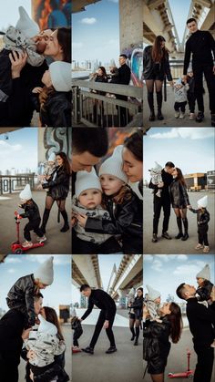 a man and woman kissing while holding a baby in front of other people on skateboards