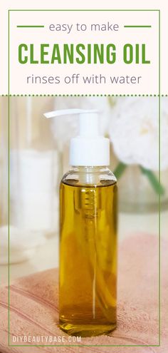 DIY Cleansing Oil recipe that is easy and inexpensive to make. This oil cleanser recipe contains a special emulsifier that allows the cleansing oil to rinse off with water only. It is very gentle and is suitable for every skin type (acne prone, oily skin, dry skin, sensitive skin). This is a DIY makeup remover and a DIY facial cleanser in one. #oilcleansing #diybeauty #diyfacewash Oil Cleanser Recipe, Cleanser Recipe, Diy Facial Cleanser, Diy Face Wash