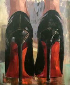 a painting of black high heeled shoes with red soles on the bottom and side