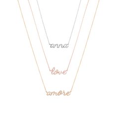 What's in a name? How about a name in encrusted in diamonds? We believe that wearing your name, those of your loved ones, or a personal motto / mantra by which you live is something that captures a hefty helping of positive vibes. Each necklace is a truly unique piece made just for you.Please not that only letters are available for the MY NAME necklace. Orders with special characters and numbers cannot be placed. Preview images and finished products may vary. Personal Motto, White Gold Necklace, White Gold Necklaces, Rose Gold Necklace, Special Characters, Name Necklace, My Name, Mantra, Your Name