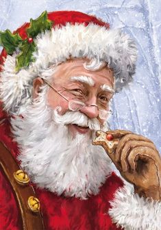 a painting of santa claus eating a piece of pizza