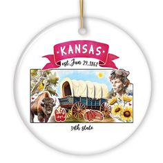 the kansas state ornament features images of horses, wagons and sunflowers