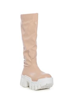 **FINAL SALE - NO EXCHANGES OR RETURNS** Check out these platform stompers! Our Lyrica boots in peachy nude are going to be your next closet staple. With a white platform sole and a nude knee-high upper, these boots are perfect for your everyday looks. These versatile shoes can be worn scrunched down or all the way up depending on the silhouette you’re going for. Versatile Shoes, Azalea Wang, Sandal Platform, White Platform, Plus Size Shopping, All The Way Up, Chunky Boots, Boots And Sneakers, Denim Outfit