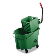 a red mop bucket with wheels and handle