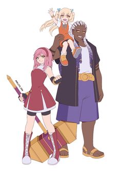 two anime characters standing next to each other with one holding a child on his shoulders