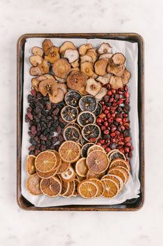 a tray filled with fruit and nuts on top of a table