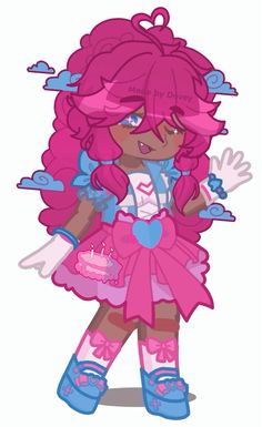 a drawing of a girl with pink hair and blue shoes, holding a cake in her hands