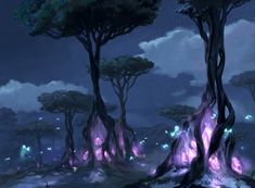 an animated scene with many trees and glowing lights in the dark night sky above them