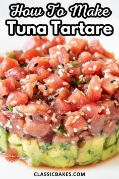 how to make tuna tartare on top of cucumber with text overlay