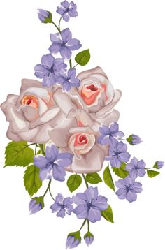 a bunch of flowers that are on a white background with blue and pink flowers in the middle