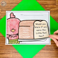 a hand holding up a piece of paper with an image of a toaster and the words would you share if you were the little red hen?