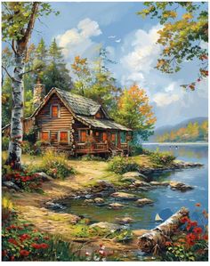 a painting of a log cabin on the shore of a lake surrounded by flowers and trees