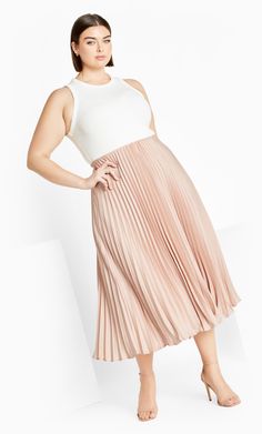 Breeze into any room with the Selena Skirt. Perfect for dressy date nights, add effortless chic style to your looks with its all over pleat details, midi length and relaxed silhouette. Key Features Include: - Elasticated waistline - All over pleat details - Pull on style - Relaxed silhouette - Lined - Midi length Team with a ruffle detailed top for feminine flair. | Plus Size Selena Skirt in Rose Gold, Size 16 | City Chic Fitted Midi Dress With Pleated Hem, Chic Pink Midi Dress With Pleated Waist, Feminine Spring Pleated Dress, Spring Feminine Pleated Dress, Spring Feminine Sleeveless Pleated Dress, Pleated Midi Skirt Dress For Day Out, Feminine Spring Pleated Dress With Pleated Back, Feminine Sleeveless Pleated Dress For Spring, Feminine Sleeveless Pleated Spring Dress