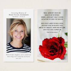 a red rose sitting on top of a white table next to a card with an image of a woman's face