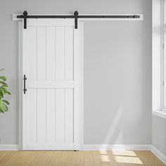 an empty room with a white door and potted plant