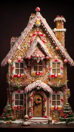 a gingerbread house is decorated with candy canes