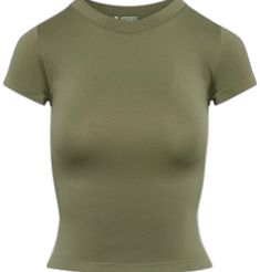 Sporty Fitted Crop Top T-shirt, Green Fitted Crew Neck Top, Fitted Green Crew Neck Top, Green Stretch Crew Neck T-shirt, Green Stretch Short Sleeve Top, Green Fitted Crop Top T-shirt, Green Fitted Cropped T-shirt With Crew Neck, Fitted Green Crop Top T-shirt, Basic Cropped T-shirt With Crew Neck