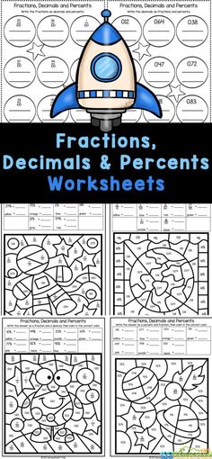 the worksheet for fractions and percentages with an image of a space shuttle