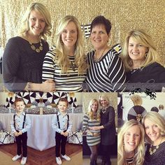 two women and one child are posing for pictures in front of a gold sequin backdrop