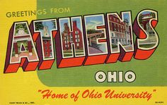 an old postcard with the word, greetings from athen's ohio