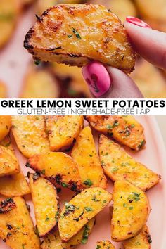 two pictures with different types of food on them and the same image has text that reads greek lemon sweet potatoes