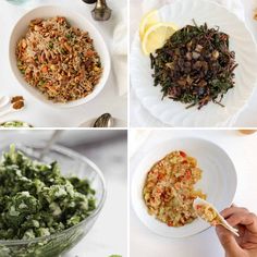 four pictures showing different types of food in bowls and on plates, including broccoli