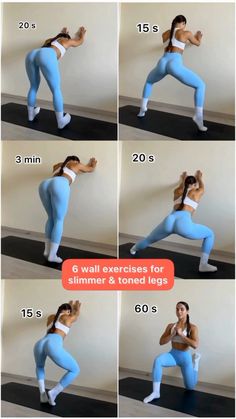 a woman in blue leggings and white top doing exercises for her legs with the instructions