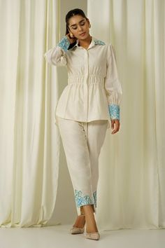 Shop for Sakshi Khetterpal Ivory Chanderi Front Buttoned Shirt And Pant Set for Women Online at Aza Fashions Long Kurti Patterns, Co Ords Outfits, Thread Beads, Buttoned Shirt, Long Kurti Designs, Stylish Short Dresses, Casual Wear Dress, Kurtis With Pants, Shirt Pant Set