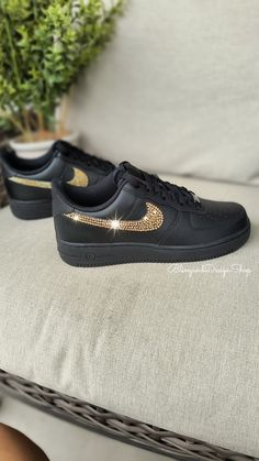 Sporty Black Sneakers With Rhinestones, Black Luxury Sneakers With Rhinestones, Luxury Black Sneakers With Rhinestones, Black Rhinestone Sneakers With Round Toe, Black Sneakers With Rhinestones And Round Toe, Black Embellished Round Toe Sneakers, Black Bling Sneakers With Round Toe, Swarovski Nike, Golden Shadow