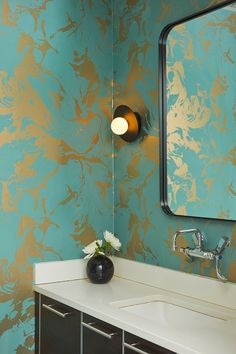 bathroom design wallpaper lighting sconce interior design mirror bathroom mirror cabinetry Maximalist Bathroom