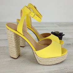 Gibson Latimer New Yellow Leather Sandals Espedrilles Heels Platform Adjustable Ankle Straps Peep Toe New Without Tags Size 9.5 S1 @Kakboutique Yellow Sandals With Stacked Heel For Summer, Yellow Stacked Heel Sandals For Summer, Summer Yellow Heels With Buckle Closure, Sandals With Branded Heel Counter For Summer Vacation, Summer High Heel Yellow Heels, Yellow High Heel Summer Heels, Summer Yellow Platform Heels, Summer Yellow High Heels, Yellow Summer High Heels