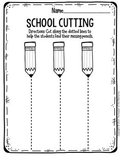 an image of school cutting worksheet with pencils in the middle and one line on